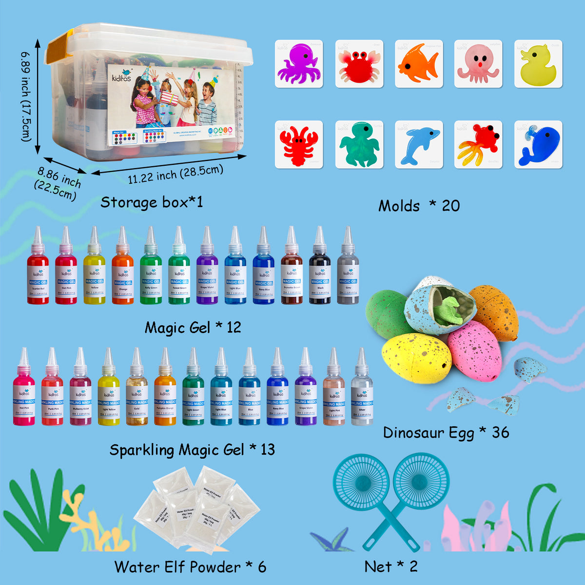 Kit Jouet Magic Water Elf - Poudre à Gel, Moules, Pour Créer Des Squishies Dinosaures - 12