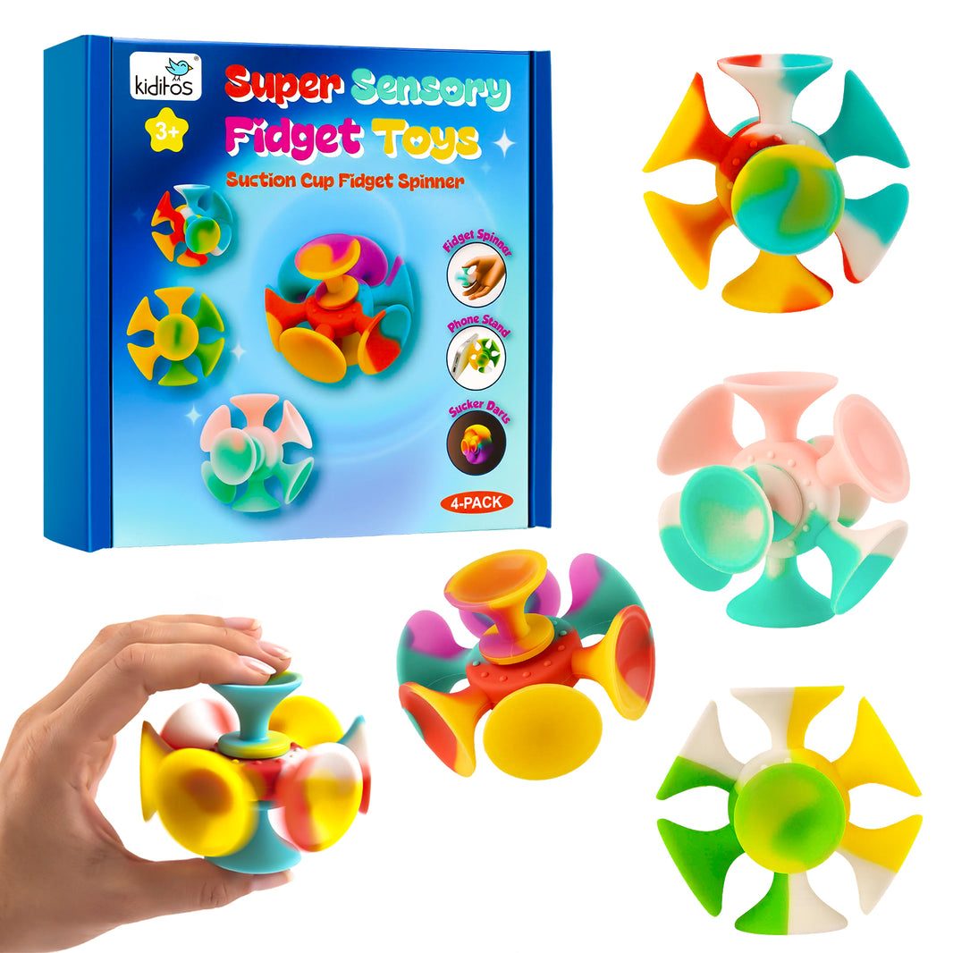 Kiditos Super Sensory Fidget Toys, Suction Cup Fidget Spinner, 4 Pack